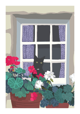 Black Cat and Geraniums Customisable