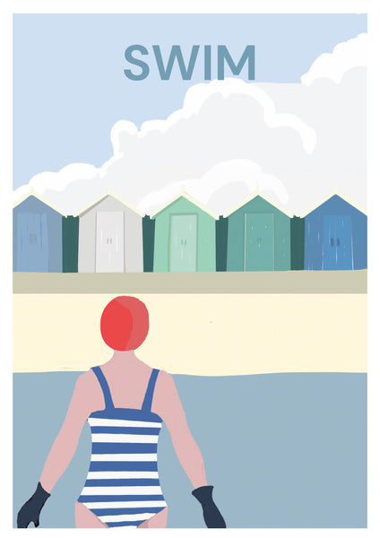 SWIMMER AND BEACH HUTS - wild swimming