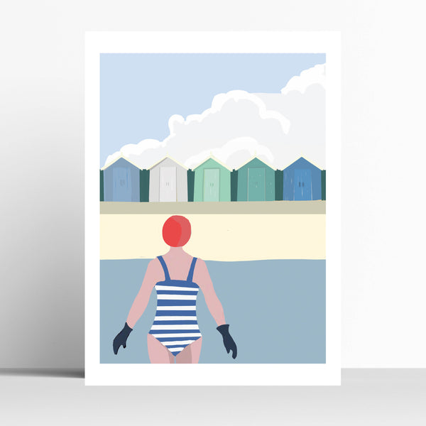 SWIMMER AND BEACH HUTS - wild swimming