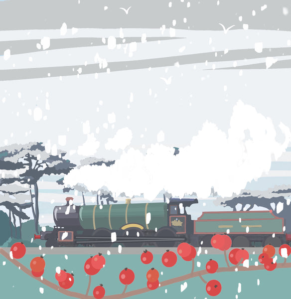 Steam Engine Train in Winter Christmas Card