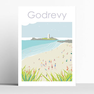 Godrevy Beach and Lighthouse Cornwall Travel Print Poster Birthday Gift House Warming Present Travel Decor Retro Vintage Style