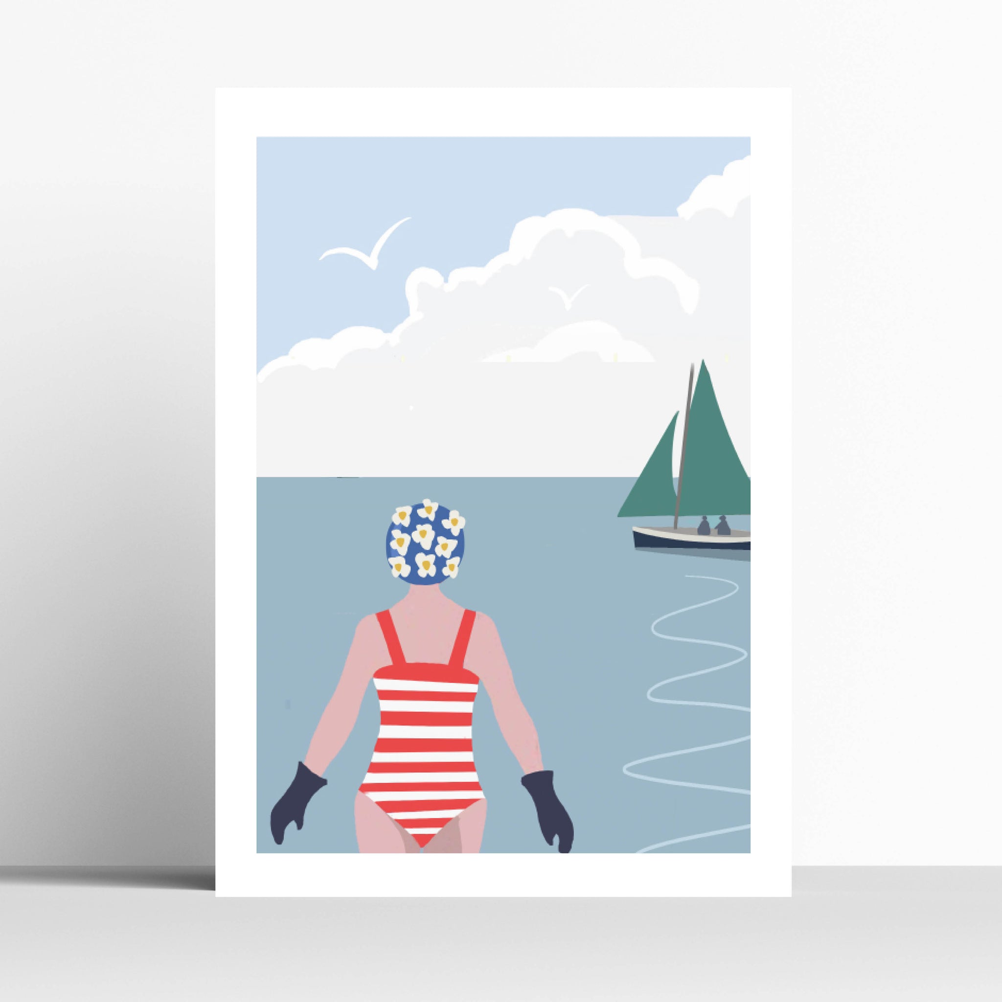 Swimmer and Sailing Boat Wild Swimming Print
